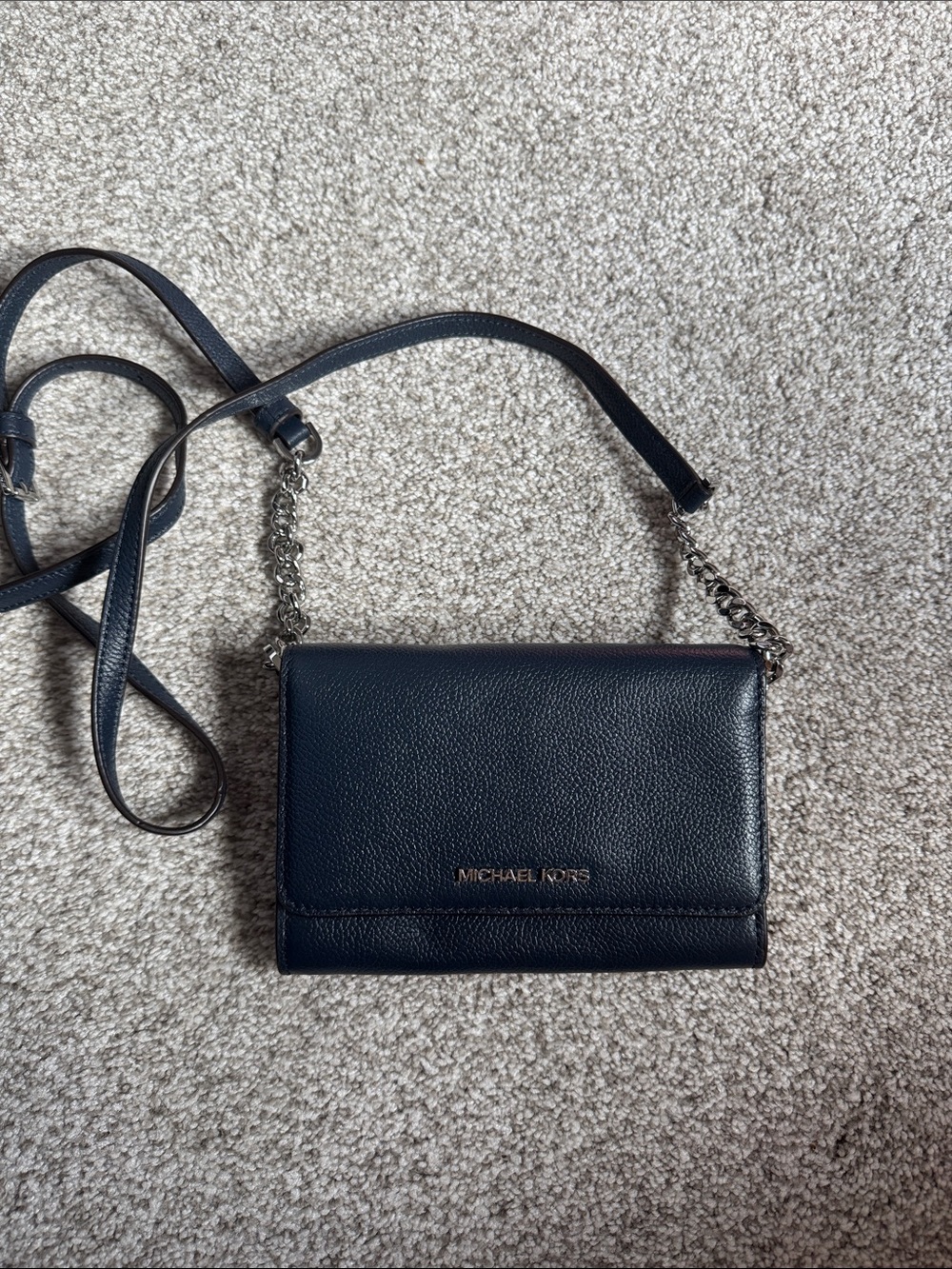 Michael Kors Navy Pebbled Leather Chain-Strap Crossbody